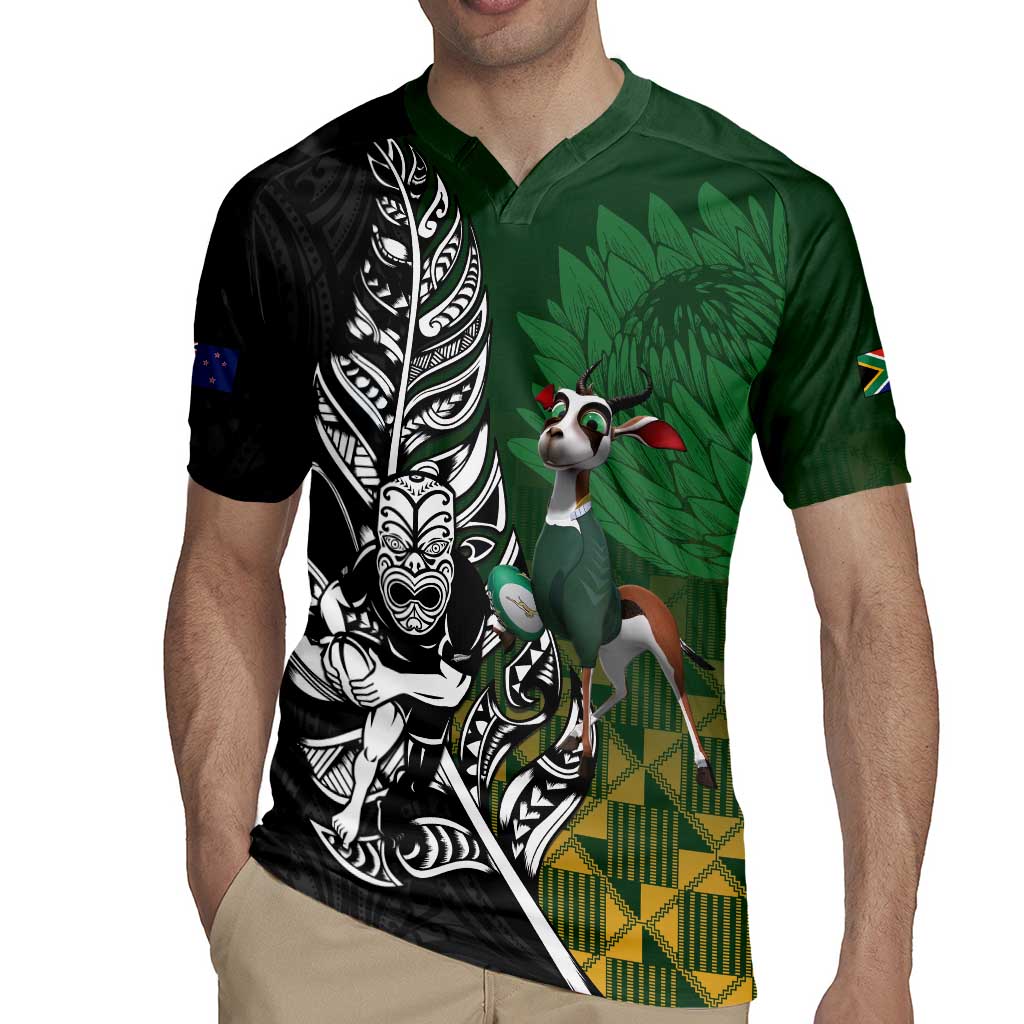New Zealand and South Africa Rugby Custom Rugby Jersey Maori Tiki Fern Springboks Kente Pattern - Aussie Hoodie