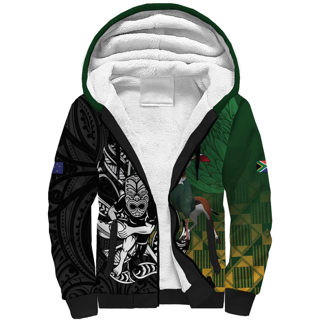 New Zealand and South Africa Rugby Custom Sherpa Hoodie Maori Tiki Fern Springboks Kente Pattern - Aussie Hoodie