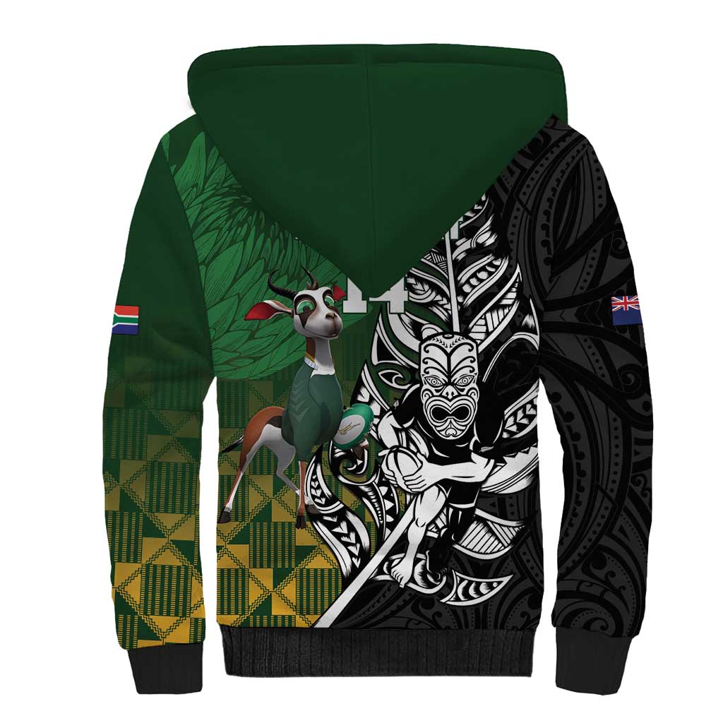 New Zealand and South Africa Rugby Custom Sherpa Hoodie Maori Tiki Fern Springboks Kente Pattern - Aussie Hoodie