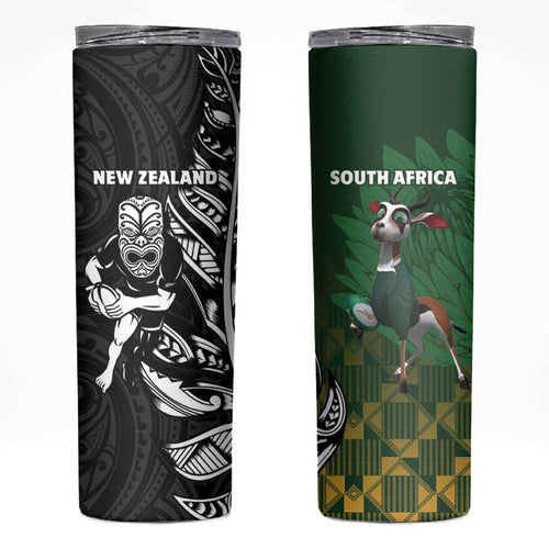 New Zealand and South Africa Rugby Skinny Tumbler Maori Tiki Fern Springboks Kente Pattern - Aussie Hoodie