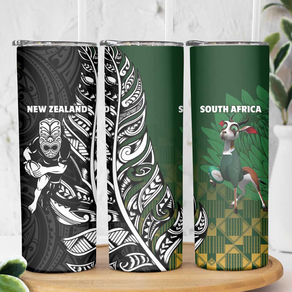 New Zealand and South Africa Rugby Skinny Tumbler Maori Tiki Fern Springboks Kente Pattern - Aussie Hoodie