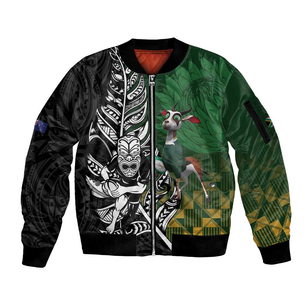 New Zealand and South Africa Rugby Custom Sleeve Zip Bomber Jacket Maori Tiki Fern Springboks Kente Pattern - Aussie Hoodie