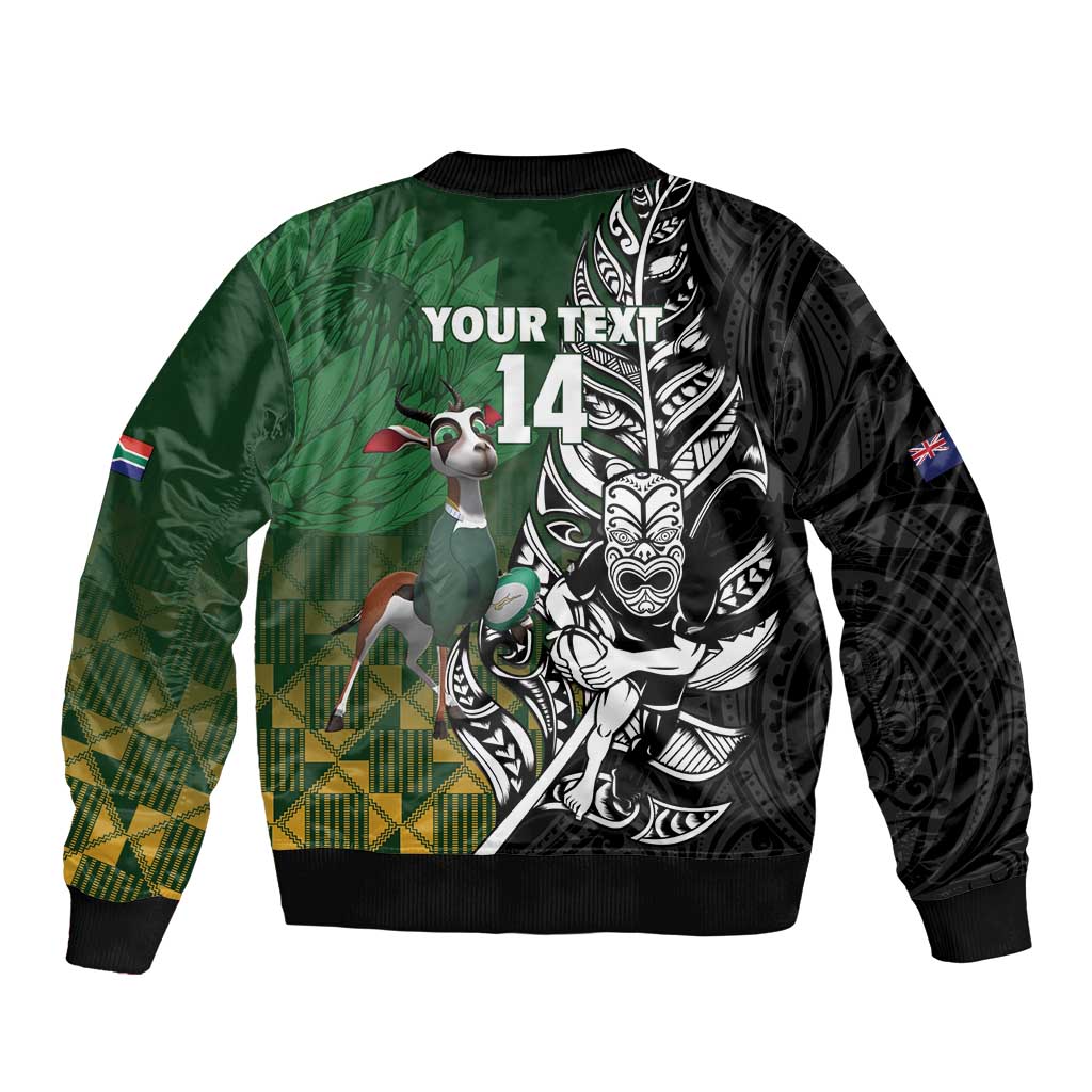 New Zealand and South Africa Rugby Custom Sleeve Zip Bomber Jacket Maori Tiki Fern Springboks Kente Pattern - Aussie Hoodie