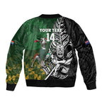 New Zealand and South Africa Rugby Custom Sleeve Zip Bomber Jacket Maori Tiki Fern Springboks Kente Pattern - Aussie Hoodie