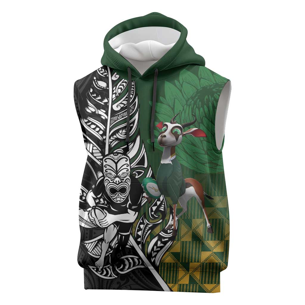 New Zealand and South Africa Rugby Custom Sleeveless Hoodie Maori Tiki Fern Springboks Kente Pattern - Aussie Hoodie