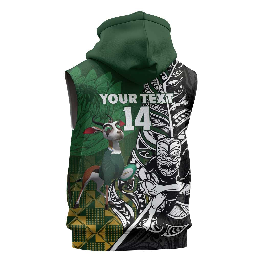 New Zealand and South Africa Rugby Custom Sleeveless Hoodie Maori Tiki Fern Springboks Kente Pattern - Aussie Hoodie