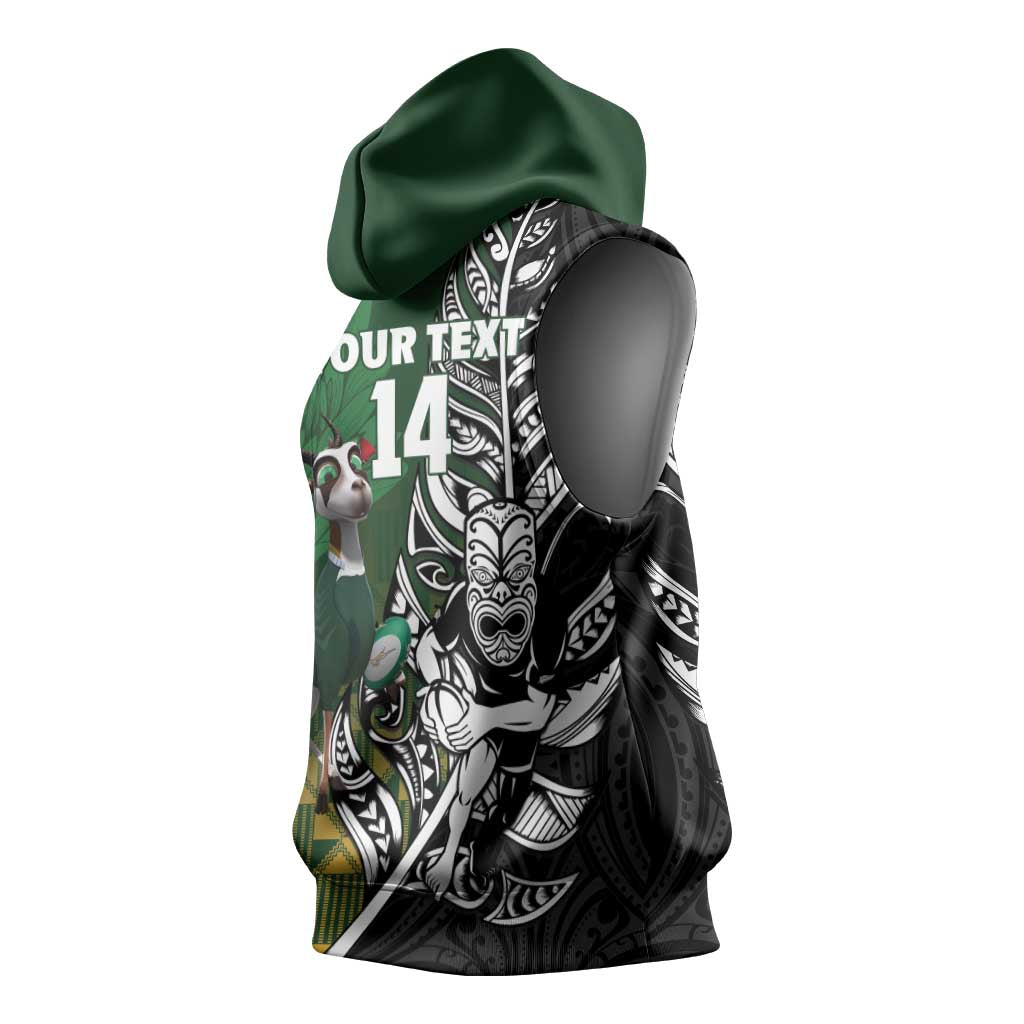 New Zealand and South Africa Rugby Custom Sleeveless Hoodie Maori Tiki Fern Springboks Kente Pattern - Aussie Hoodie