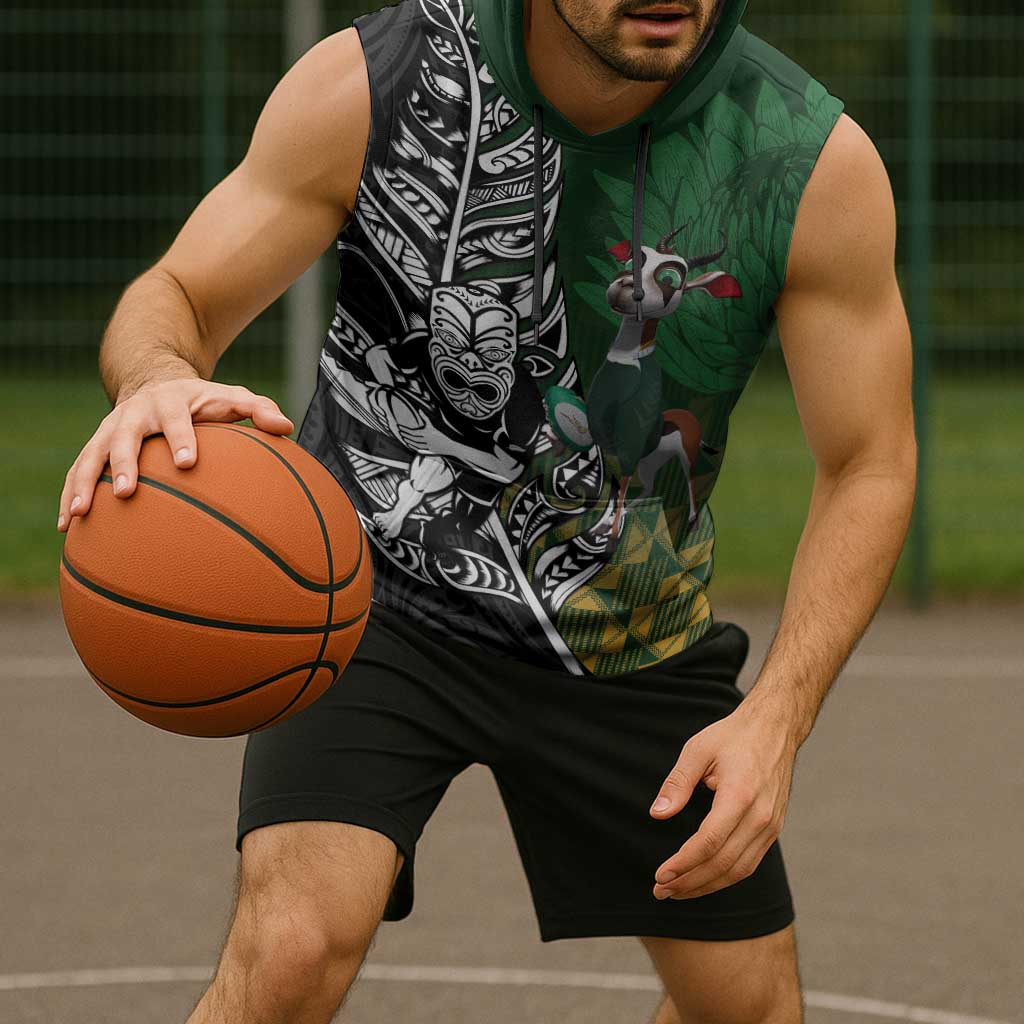 New Zealand and South Africa Rugby Custom Sleeveless Hoodie Maori Tiki Fern Springboks Kente Pattern - Aussie Hoodie