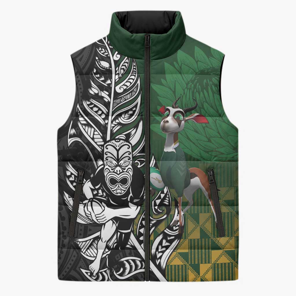 New Zealand and South Africa Rugby Custom Sleeveless Puffer Jacket Maori Tiki Fern Springboks Kente Pattern - Aussie Hoodie