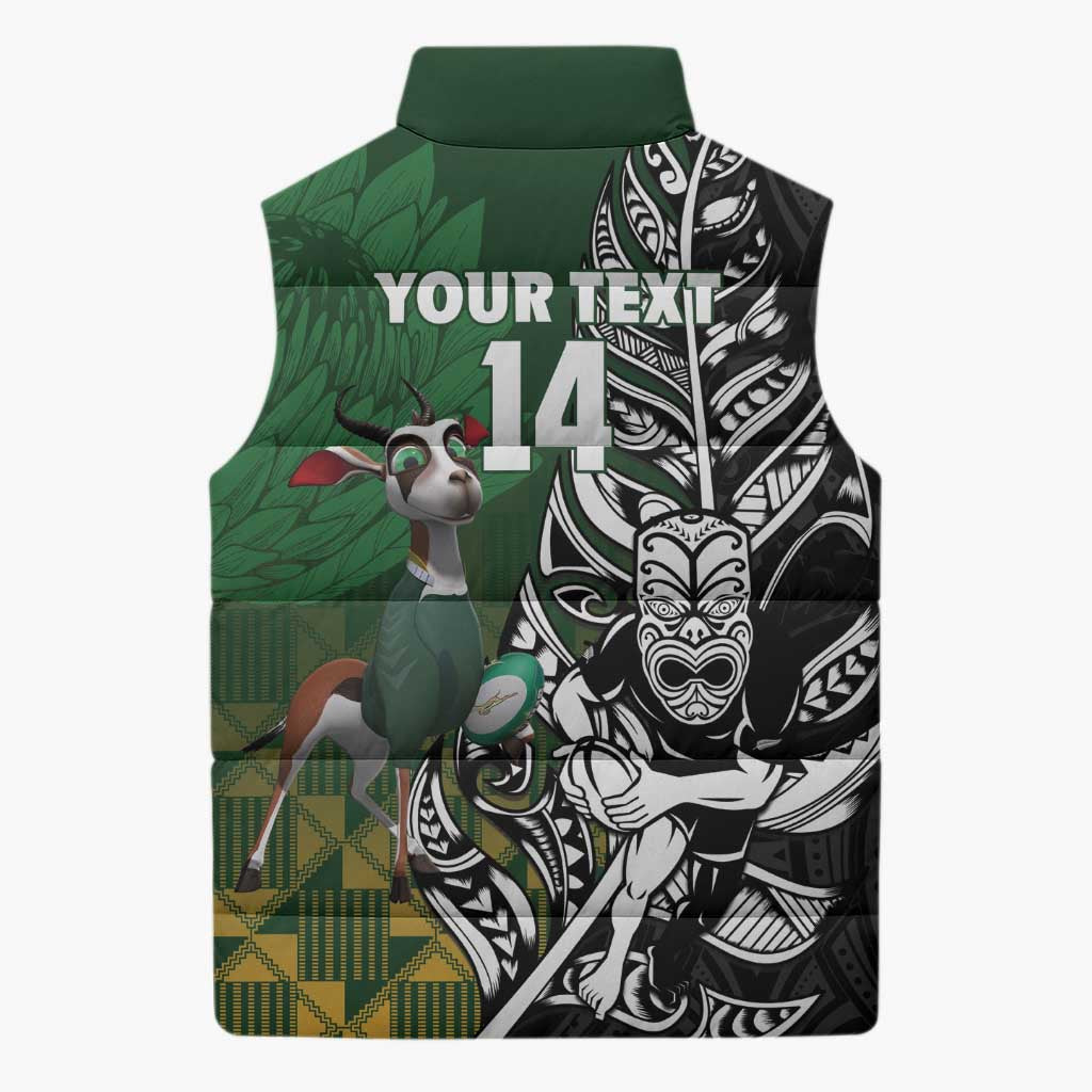 New Zealand and South Africa Rugby Custom Sleeveless Puffer Jacket Maori Tiki Fern Springboks Kente Pattern - Aussie Hoodie