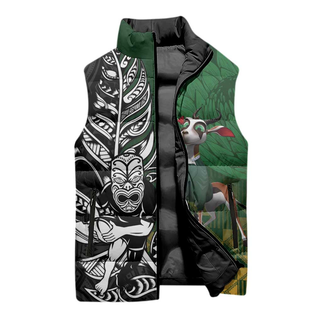 New Zealand and South Africa Rugby Custom Sleeveless Puffer Jacket Maori Tiki Fern Springboks Kente Pattern - Aussie Hoodie