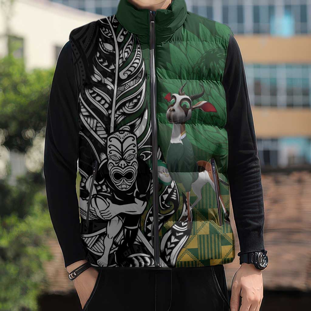 New Zealand and South Africa Rugby Custom Sleeveless Puffer Jacket Maori Tiki Fern Springboks Kente Pattern - Aussie Hoodie