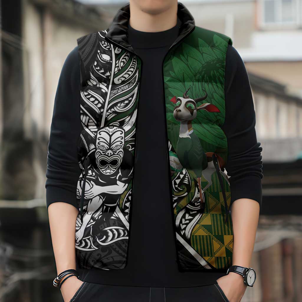 New Zealand and South Africa Rugby Custom Sleeveless Puffer Jacket Maori Tiki Fern Springboks Kente Pattern - Aussie Hoodie