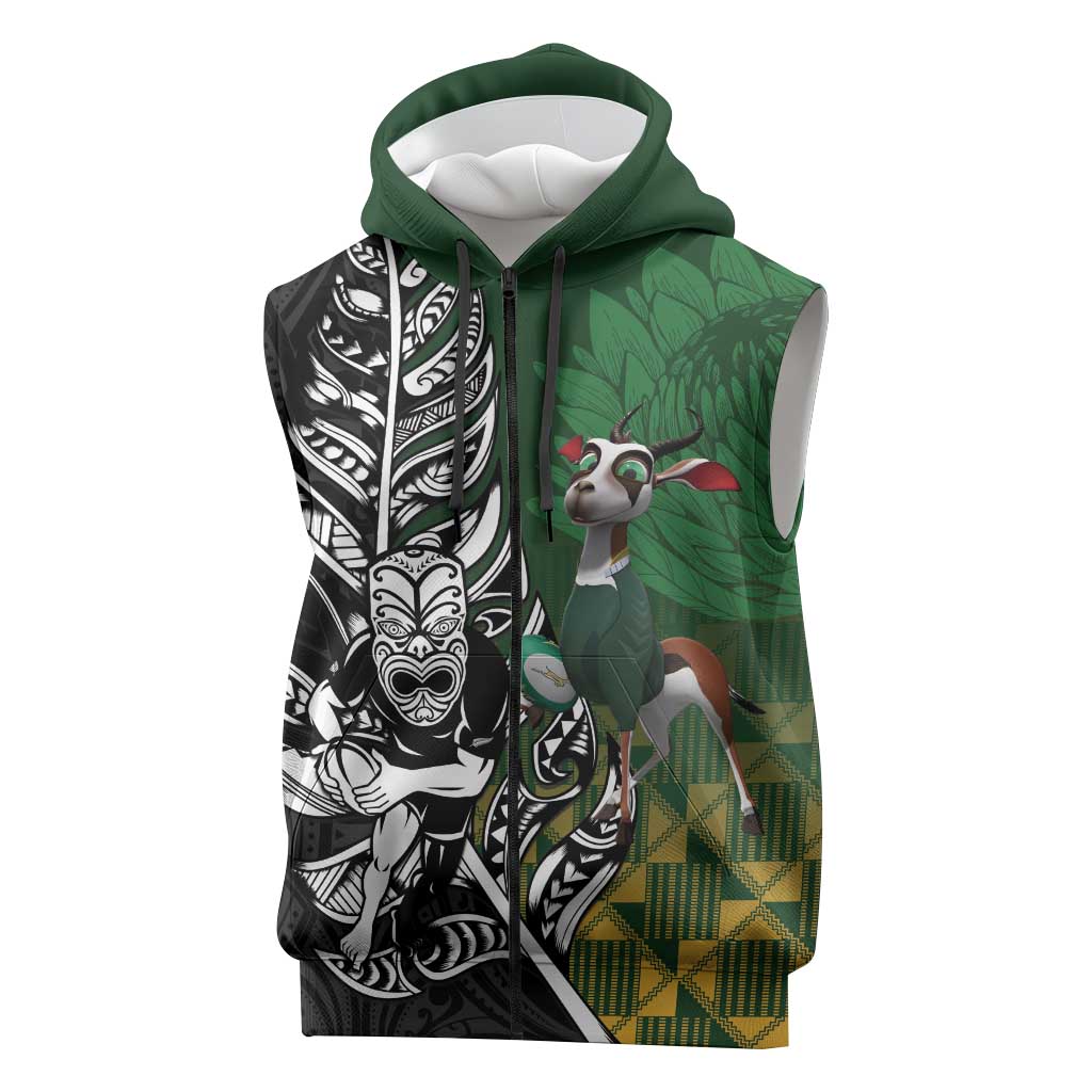 New Zealand and South Africa Rugby Custom Sleeveless Zip Hoodie Maori Tiki Fern Springboks Kente Pattern LT14