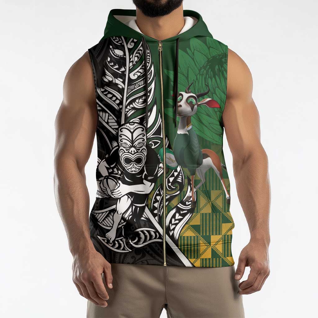 New Zealand and South Africa Rugby Custom Sleeveless Zip Hoodie Maori Tiki Fern Springboks Kente Pattern - Aussie Hoodie