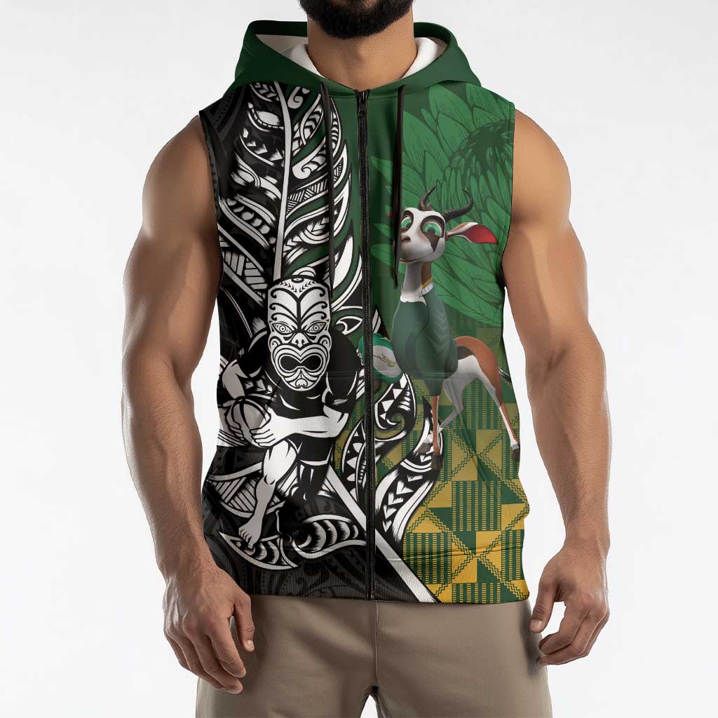 New Zealand and South Africa Rugby Custom Sleeveless Zip Hoodie Maori Tiki Fern Springboks Kente Pattern LT14