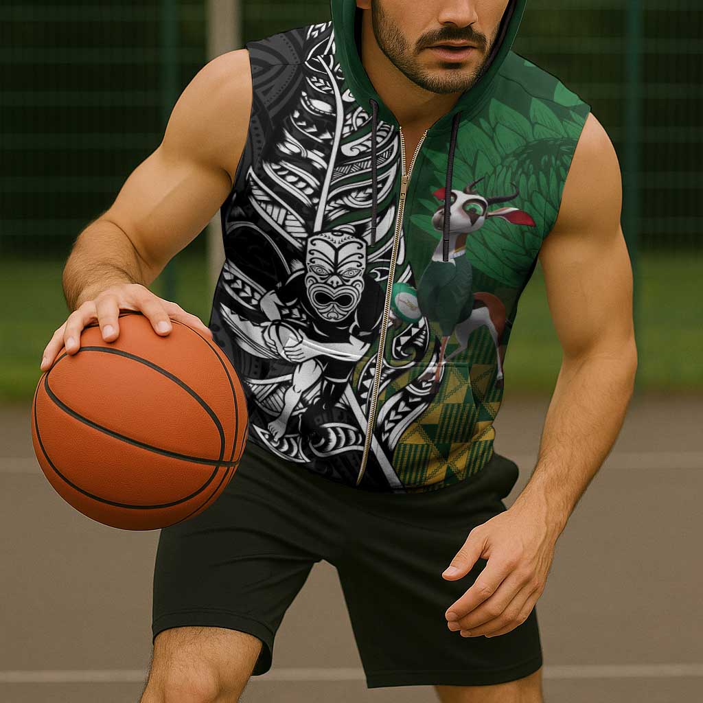 New Zealand and South Africa Rugby Custom Sleeveless Zip Hoodie Maori Tiki Fern Springboks Kente Pattern - Aussie Hoodie