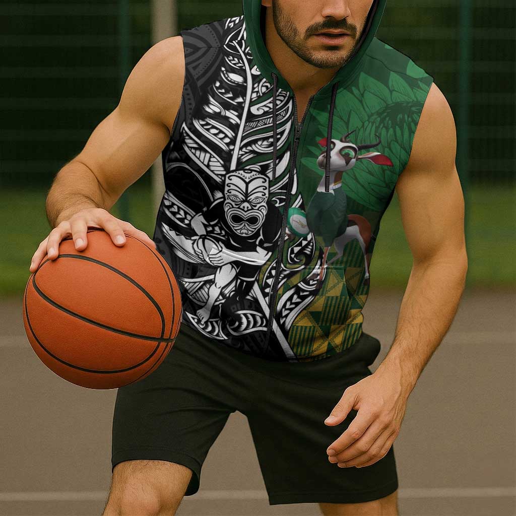 New Zealand and South Africa Rugby Custom Sleeveless Zip Hoodie Maori Tiki Fern Springboks Kente Pattern LT14