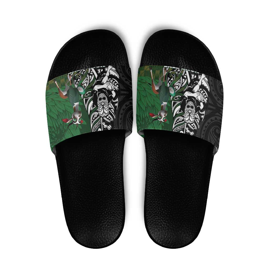 New Zealand and South Africa Rugby Custom Slide Sandals Maori Tiki Fern Springboks Kente Pattern - Aussie Hoodie