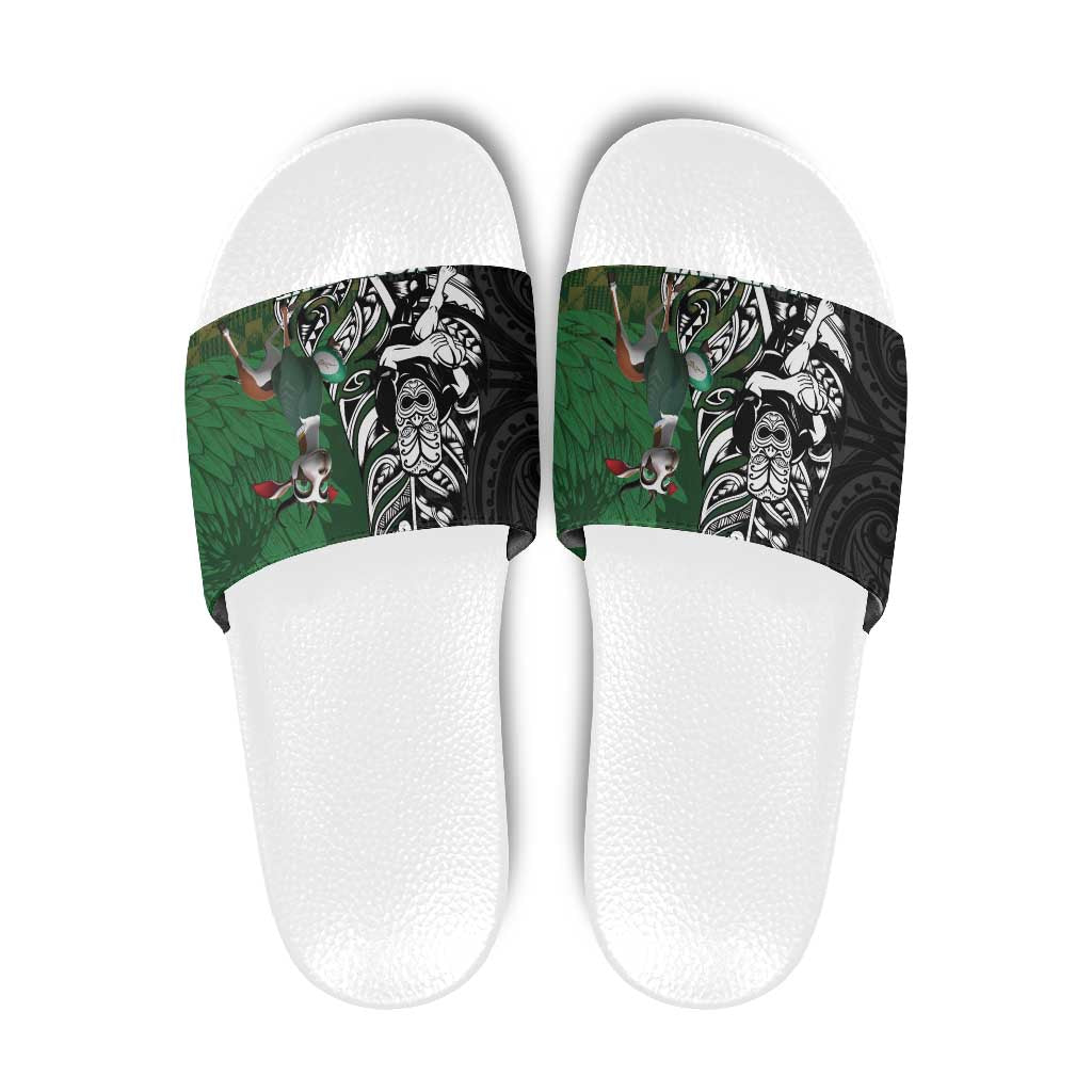 New Zealand and South Africa Rugby Custom Slide Sandals Maori Tiki Fern Springboks Kente Pattern - Aussie Hoodie