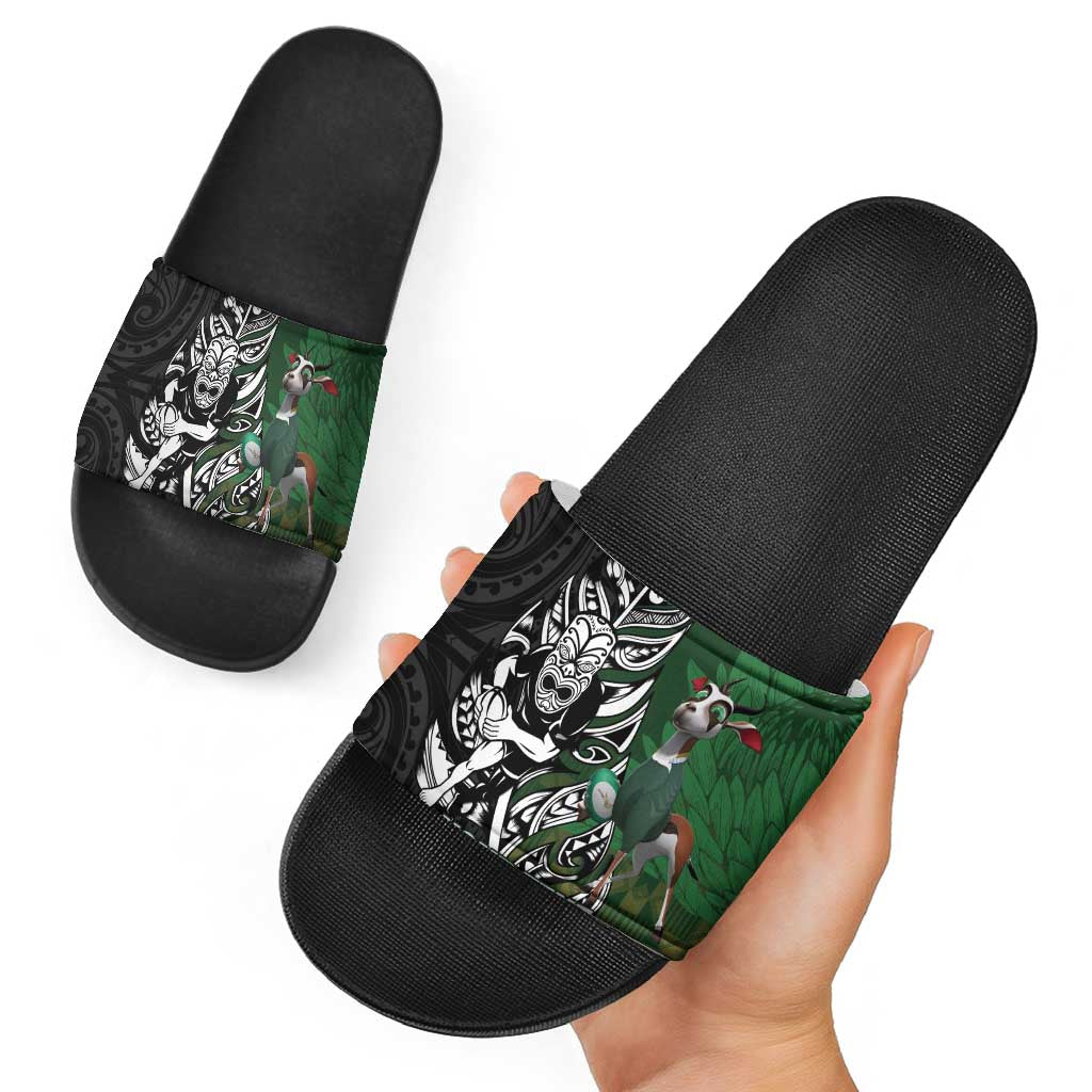 New Zealand and South Africa Rugby Custom Slide Sandals Maori Tiki Fern Springboks Kente Pattern - Aussie Hoodie