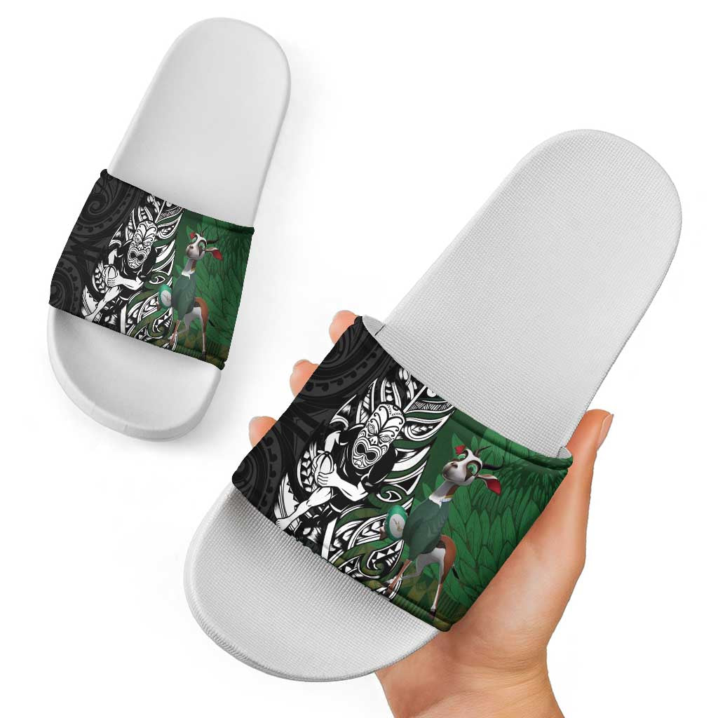 New Zealand and South Africa Rugby Custom Slide Sandals Maori Tiki Fern Springboks Kente Pattern - Aussie Hoodie