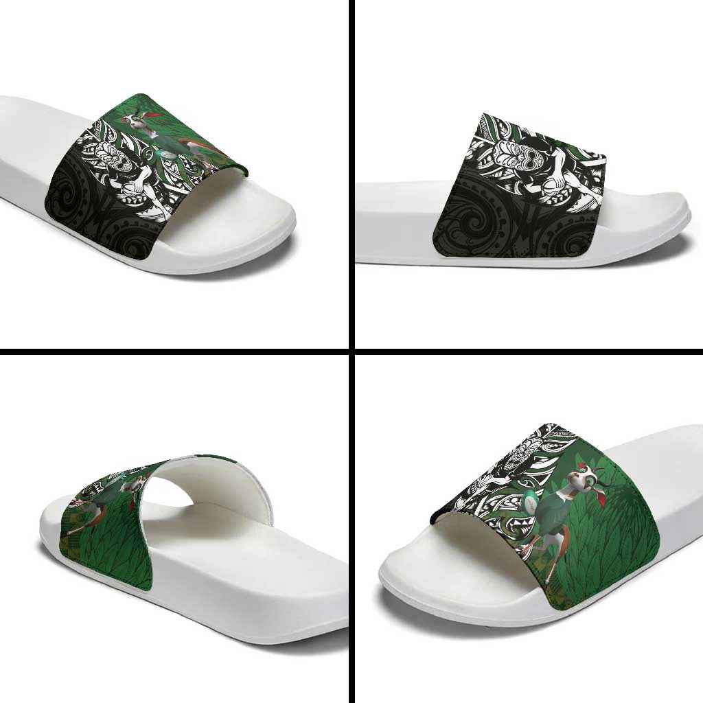 New Zealand and South Africa Rugby Custom Slide Sandals Maori Tiki Fern Springboks Kente Pattern - Aussie Hoodie