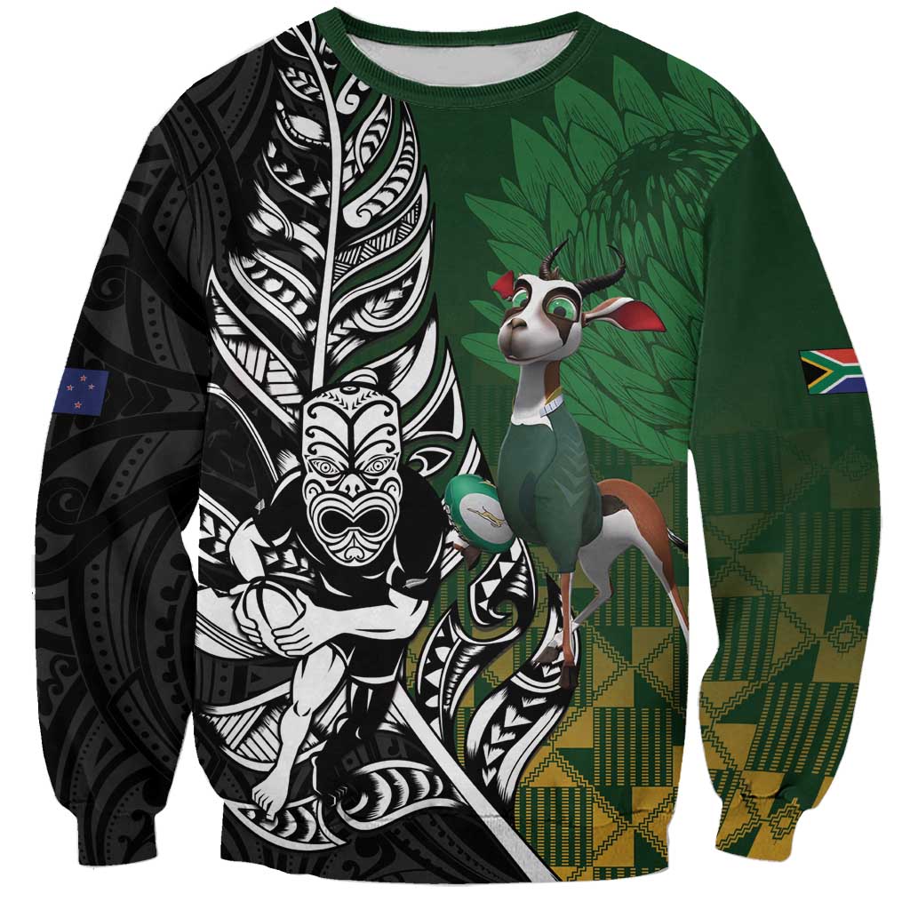 New Zealand and South Africa Rugby Custom Sweatshirt Maori Tiki Fern Springboks Kente Pattern - Aussie Hoodie