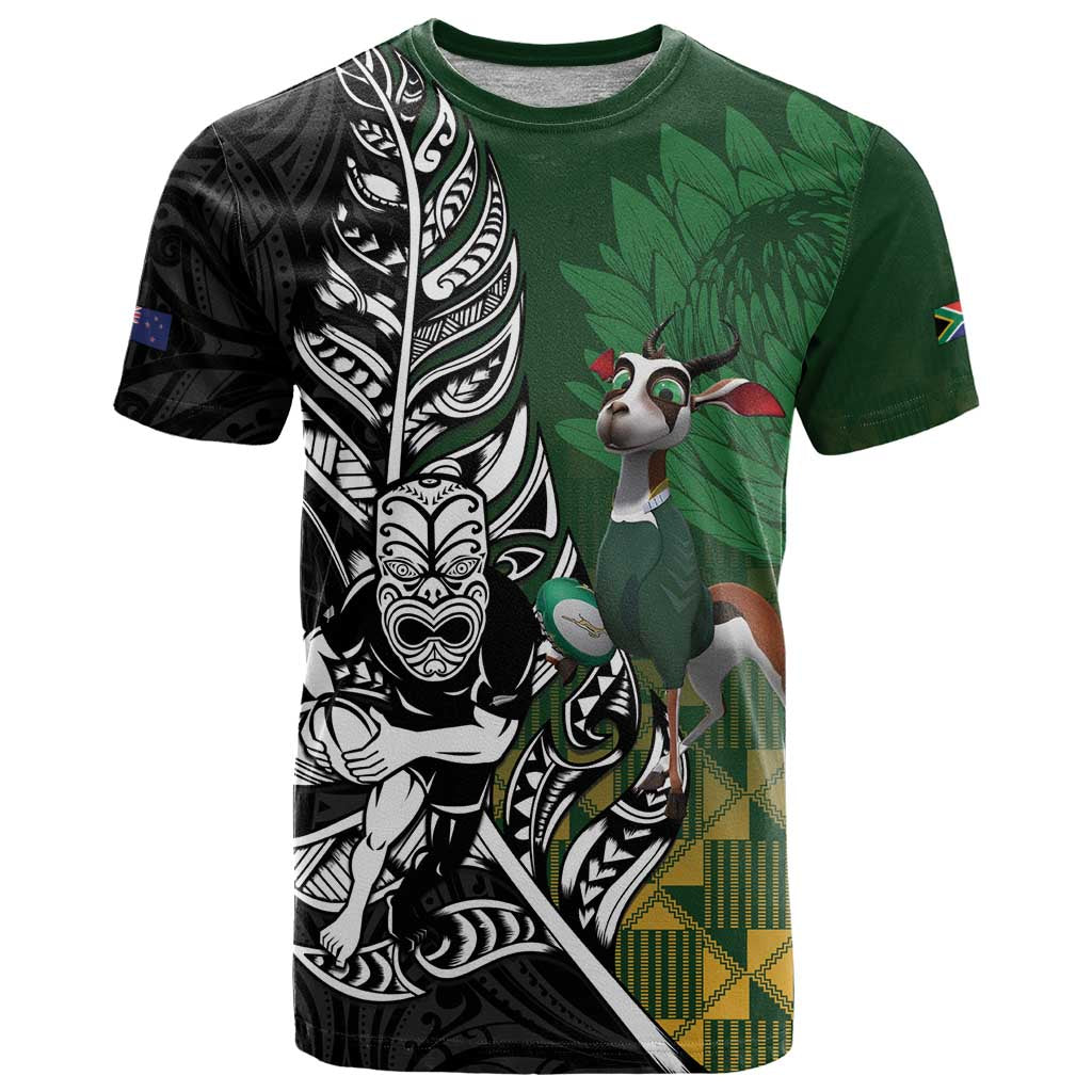 New Zealand and South Africa Rugby Custom T Shirt Maori Tiki Fern Springboks Kente Pattern - Aussie Hoodie