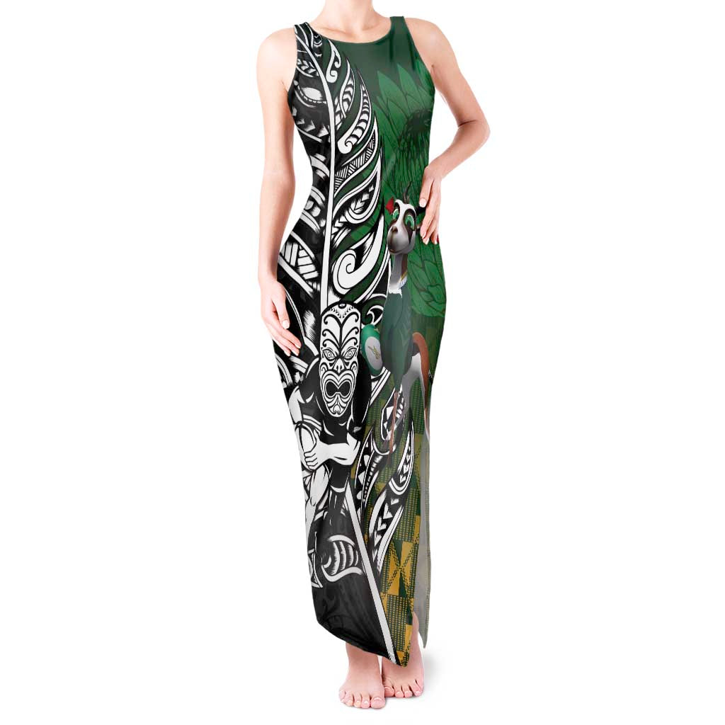 New Zealand and South Africa Rugby Custom Tank Maxi Dress Maori Tiki Fern Springboks Kente Pattern - Aussie Hoodie