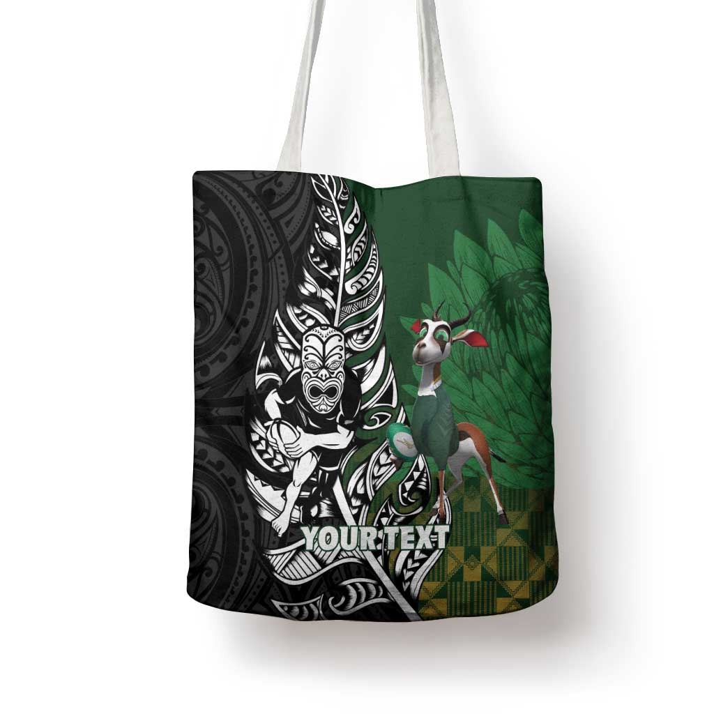 New Zealand and South Africa Rugby Custom Tote Bag Maori Tiki Fern Springboks Kente Pattern - Aussie Hoodie