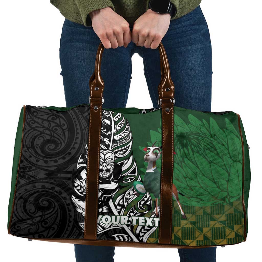 New Zealand and South Africa Rugby Custom Travel Bag Maori Tiki Fern Springboks Kente Pattern - Aussie Hoodie