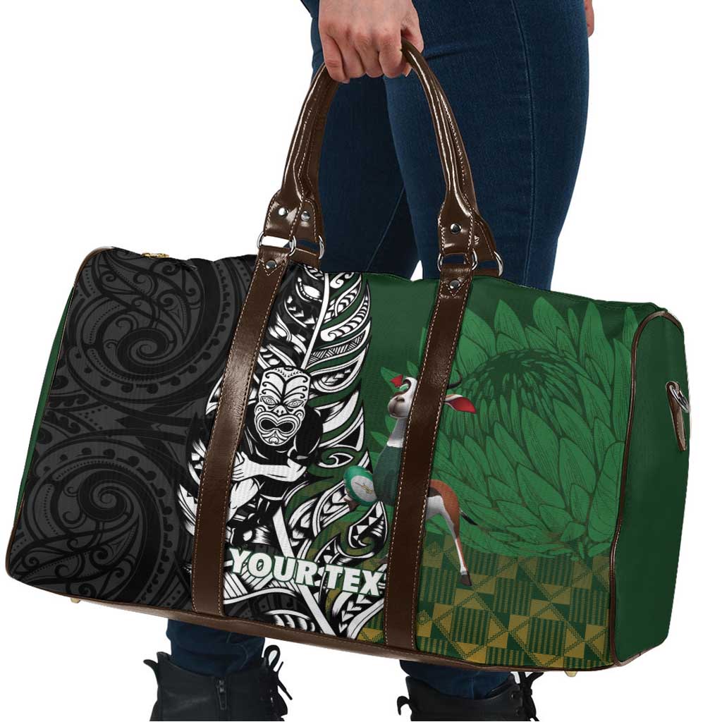 New Zealand and South Africa Rugby Custom Travel Bag Maori Tiki Fern Springboks Kente Pattern - Aussie Hoodie