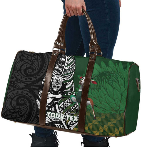 New Zealand and South Africa Rugby Custom Travel Bag Maori Tiki Fern Springboks Kente Pattern - Aussie Hoodie
