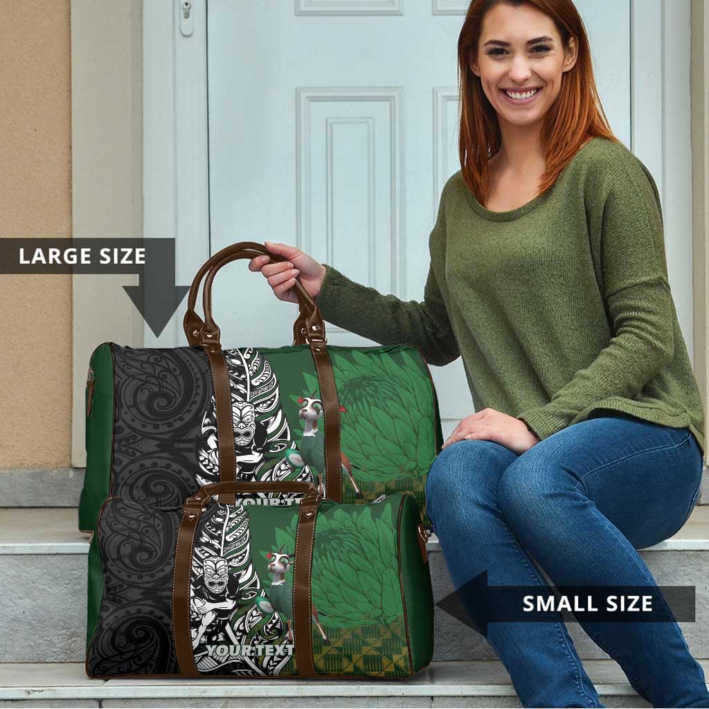 New Zealand and South Africa Rugby Custom Travel Bag Maori Tiki Fern Springboks Kente Pattern - Aussie Hoodie