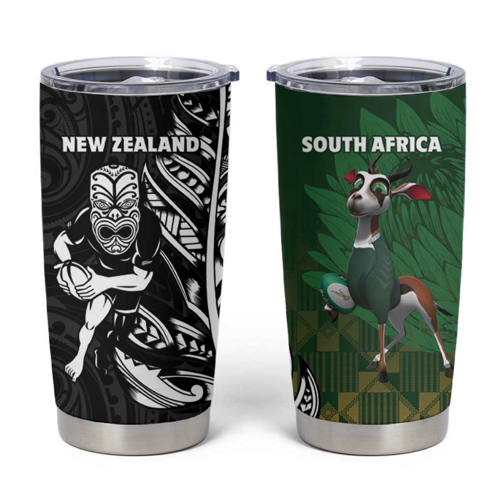 New Zealand and South Africa Rugby Tumbler Cup Maori Tiki Fern Springboks Kente Pattern - Aussie Hoodie