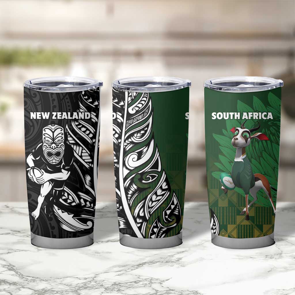 New Zealand and South Africa Rugby Tumbler Cup Maori Tiki Fern Springboks Kente Pattern - Aussie Hoodie