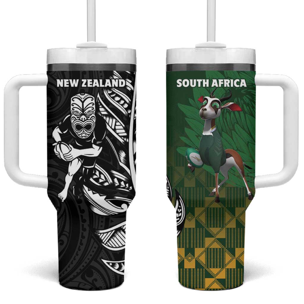 New Zealand and South Africa Rugby Tumbler With Handle Maori Tiki Fern Springboks Kente Pattern - Aussie Hoodie