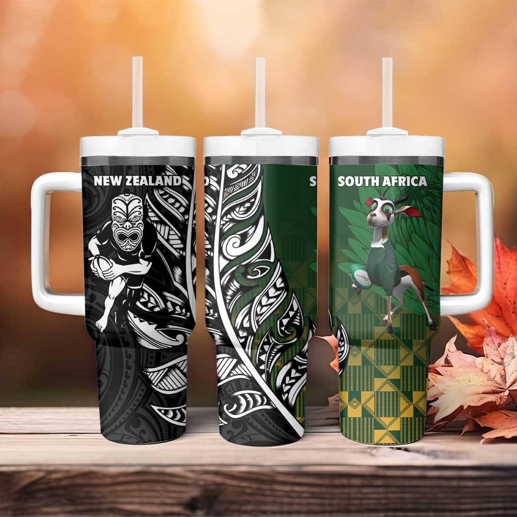 New Zealand and South Africa Rugby Tumbler With Handle Maori Tiki Fern Springboks Kente Pattern - Aussie Hoodie