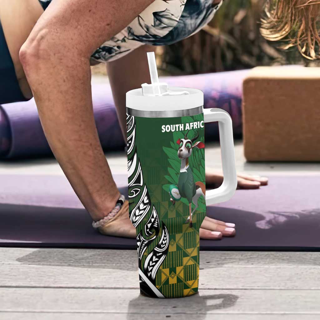 New Zealand and South Africa Rugby Tumbler With Handle Maori Tiki Fern Springboks Kente Pattern - Aussie Hoodie