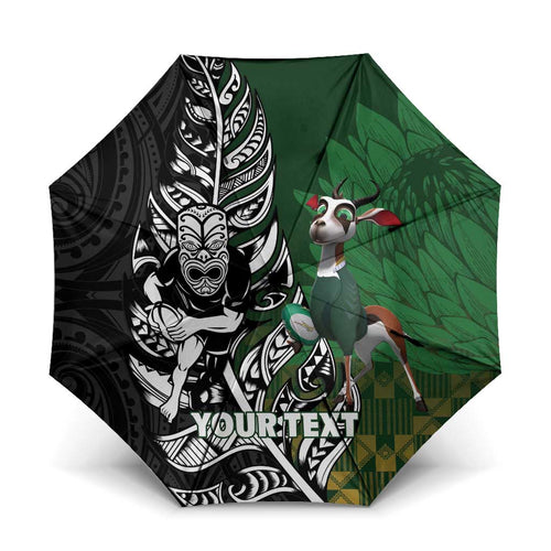 New Zealand and South Africa Rugby Custom Umbrella Maori Tiki Fern Springboks Kente Pattern - Aussie Hoodie