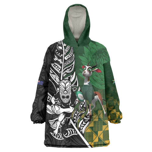 New Zealand and South Africa Rugby Custom Wearable Blanket Hoodie Maori Tiki Fern Springboks Kente Pattern - Aussie Hoodie