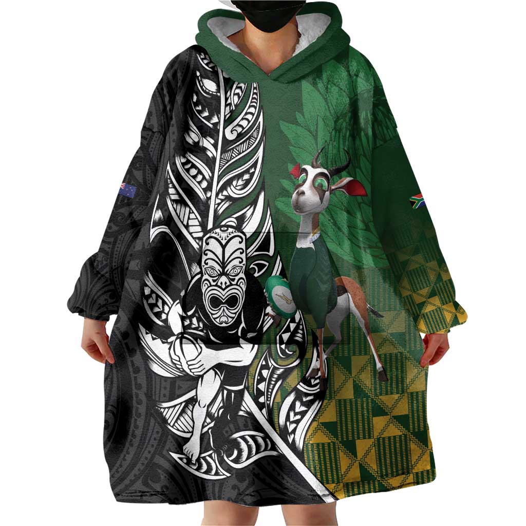 New Zealand and South Africa Rugby Custom Wearable Blanket Hoodie Maori Tiki Fern Springboks Kente Pattern - Aussie Hoodie