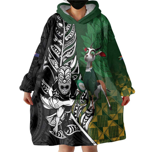 New Zealand and South Africa Rugby Custom Wearable Blanket Hoodie Maori Tiki Fern Springboks Kente Pattern - Aussie Hoodie