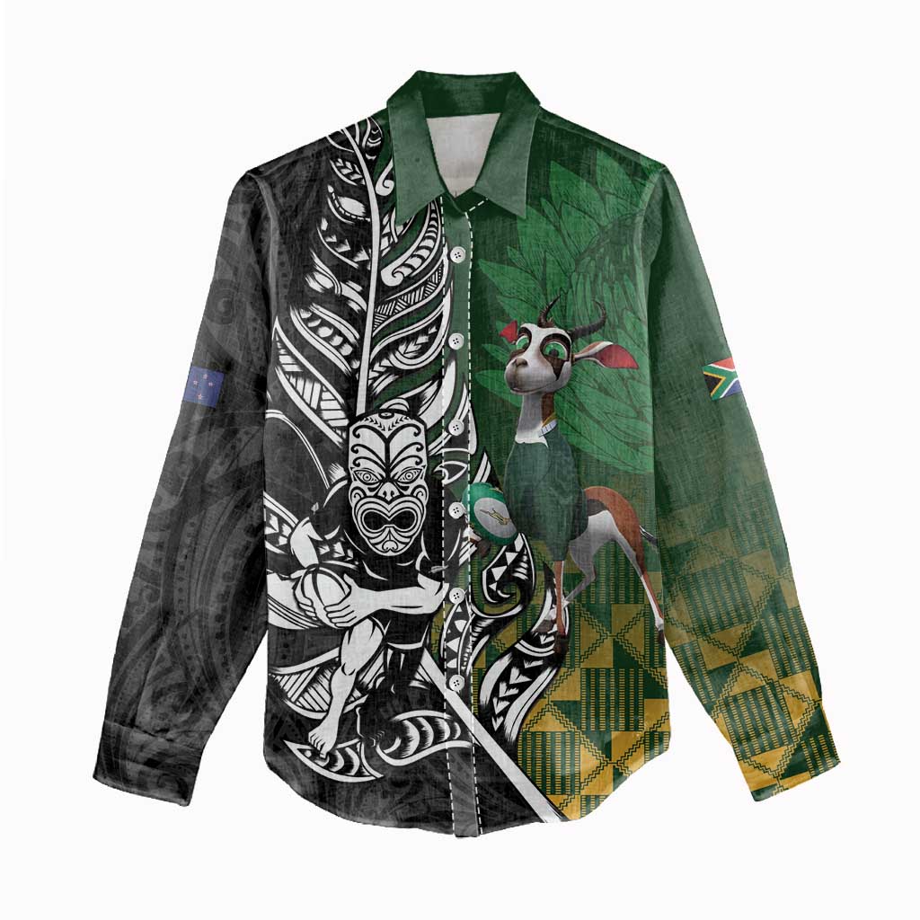 New Zealand and South Africa Rugby Custom Women Casual Shirt Maori Tiki Fern Springboks Kente Pattern - Aussie Hoodie