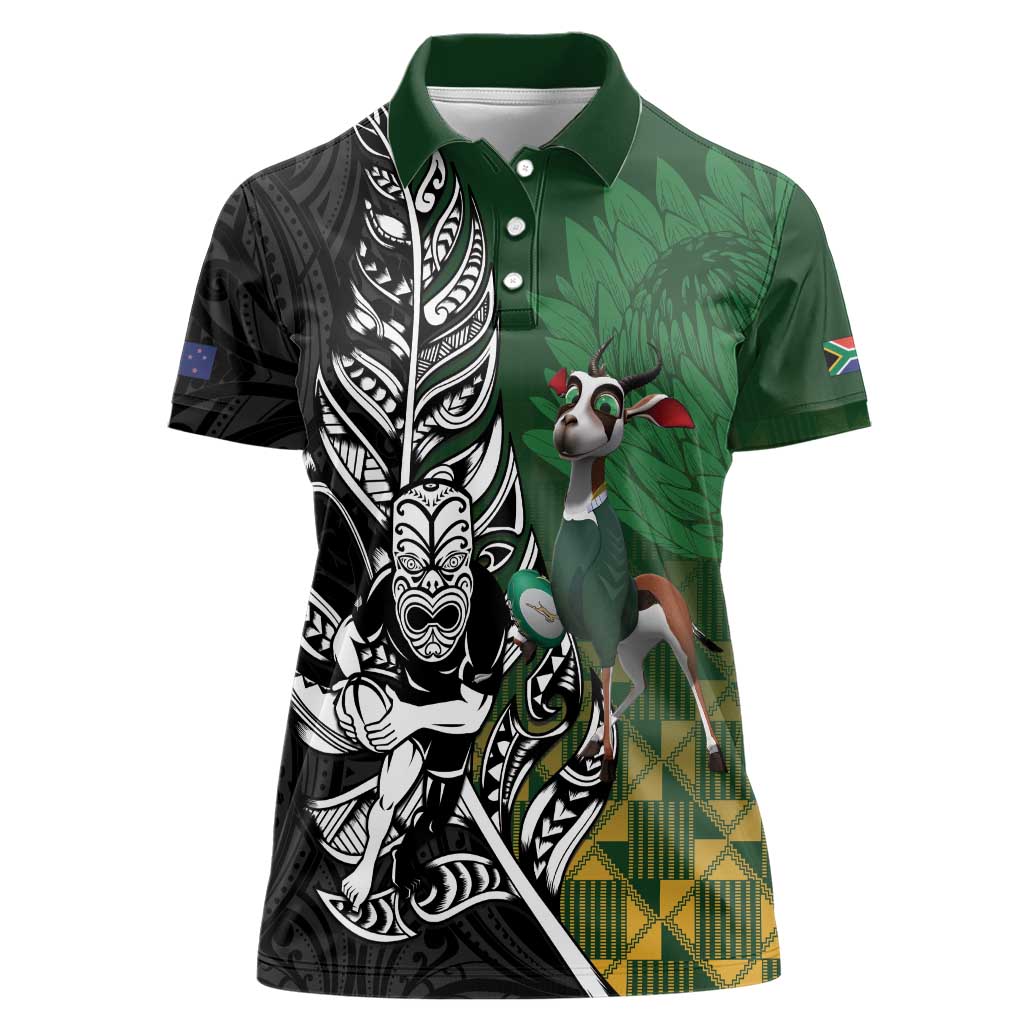 New Zealand and South Africa Rugby Custom Women Polo Shirt Maori Tiki Fern Springboks Kente Pattern - Aussie Hoodie