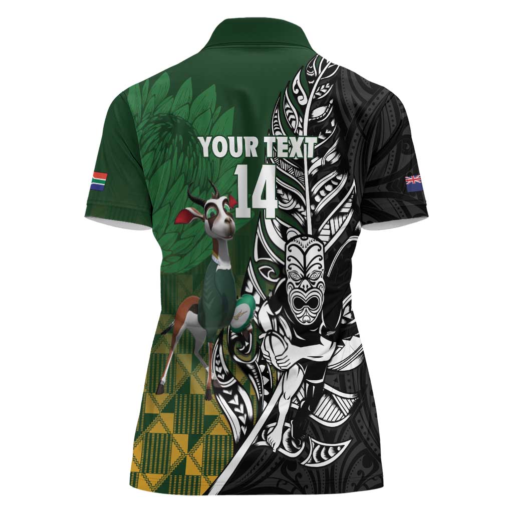 New Zealand and South Africa Rugby Custom Women Polo Shirt Maori Tiki Fern Springboks Kente Pattern - Aussie Hoodie