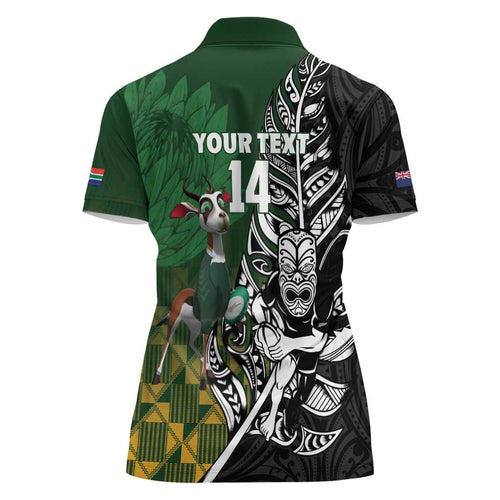 New Zealand and South Africa Rugby Custom Women Polo Shirt Maori Tiki Fern Springboks Kente Pattern - Aussie Hoodie