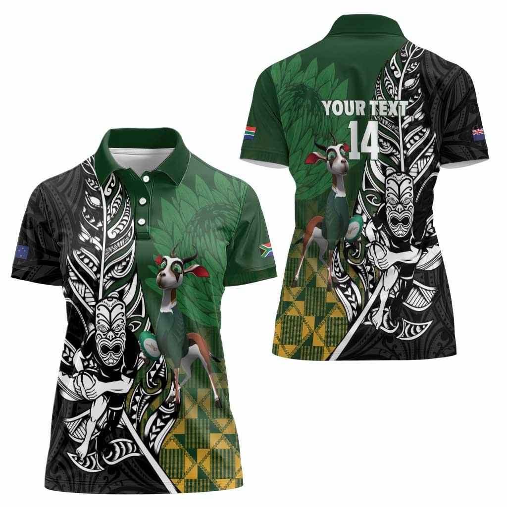 New Zealand and South Africa Rugby Custom Women Polo Shirt Maori Tiki Fern Springboks Kente Pattern - Aussie Hoodie