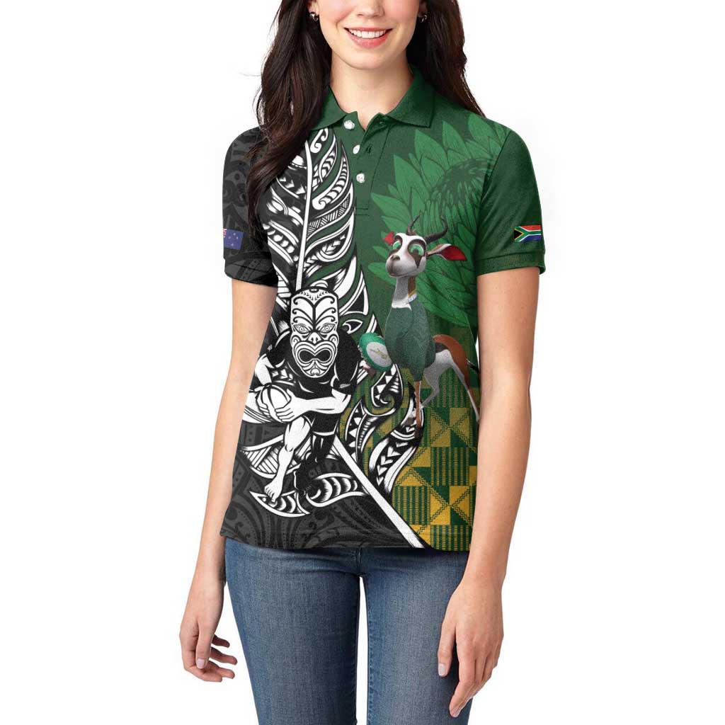 New Zealand and South Africa Rugby Custom Women Polo Shirt Maori Tiki Fern Springboks Kente Pattern - Aussie Hoodie